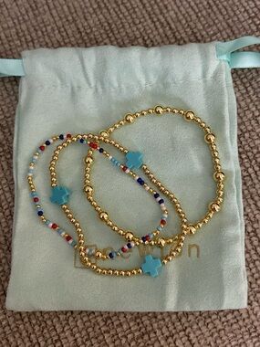 Gold Beaded Bracelet Set with Turquoise Cross Accents
